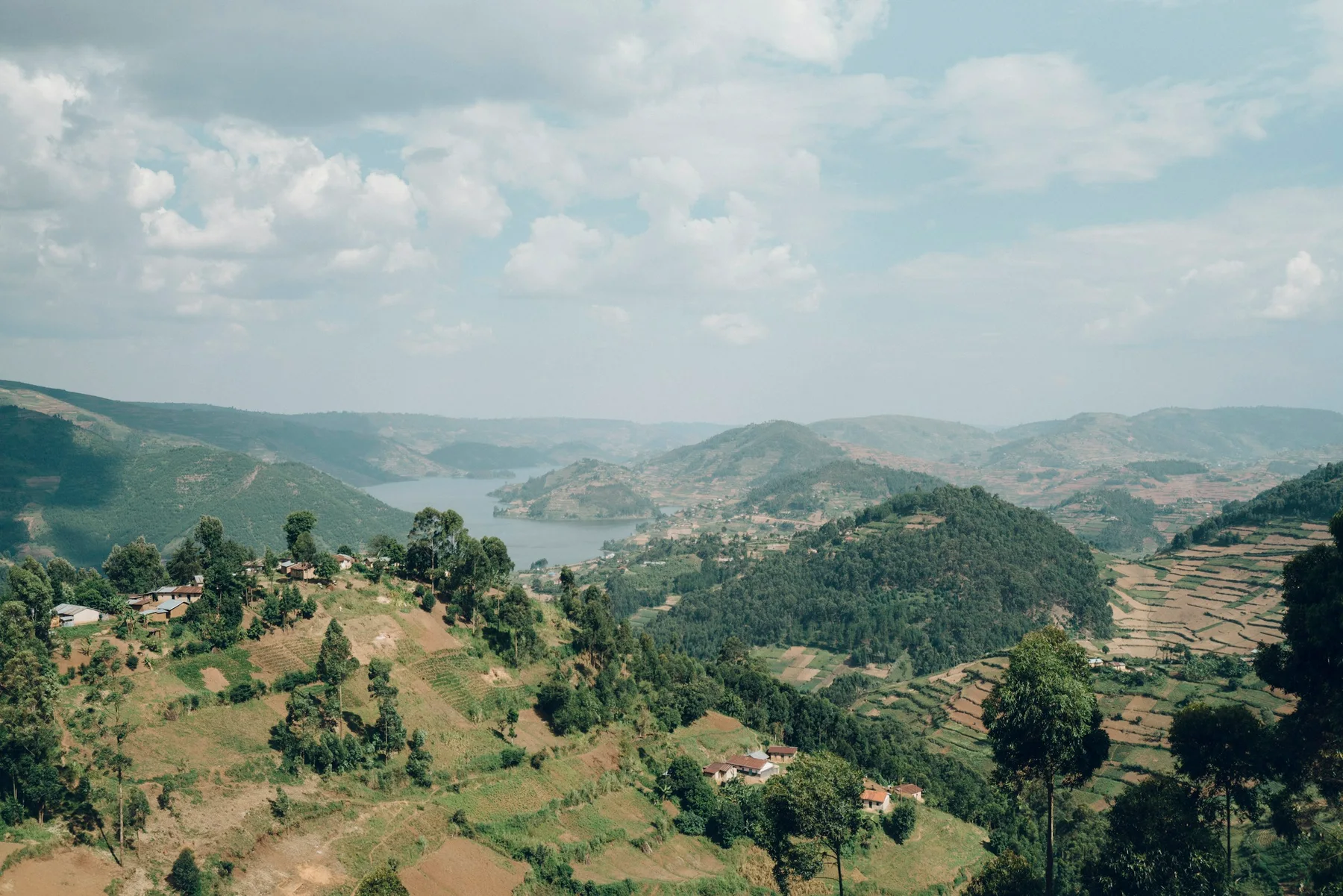 An elevated view across the hills and islands of Lake Bunyonyi, Uganda